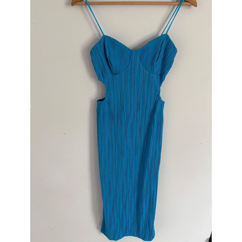 ASOS sz  6 Blue Textured Cut Out Midi Dress Sweetheart Neckline Spaghetti Strap